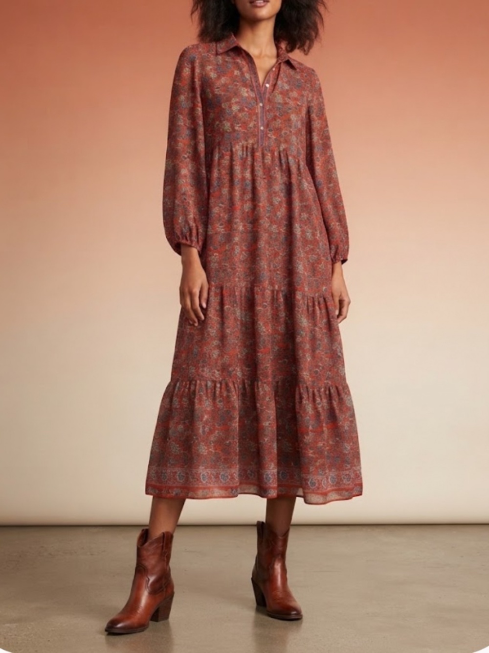 Max Studio Midi Dress Long Sleeve Fall Earth Tones Button Bodice Tiered Skirt XL